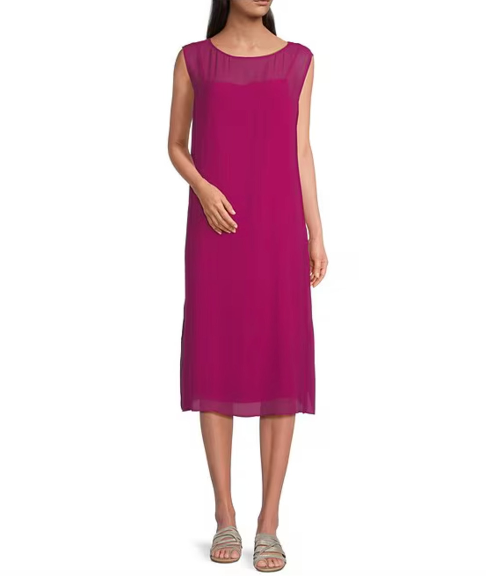Eileen Fisher Sheer Silk Georgette Boat Neck Sleeveless Midi Dress Sangria M NWT